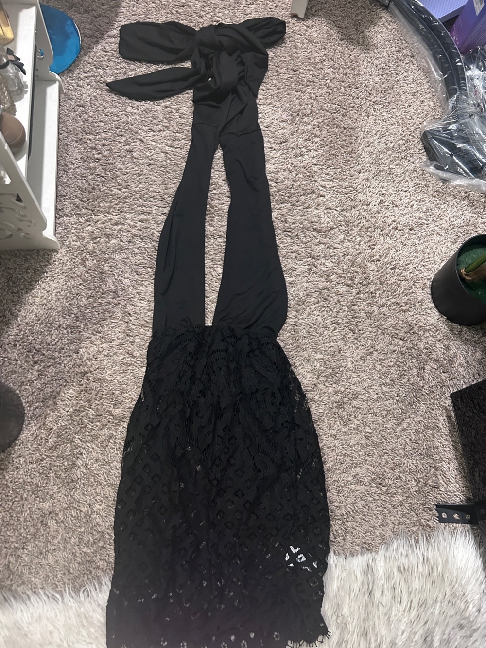 Strapless Black Lace Midi Dress with Sash Tie